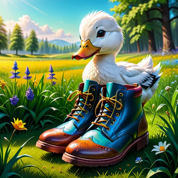 Drawing of a duck in a shoes in the meadow