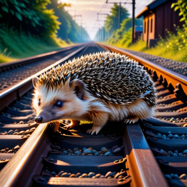 Foto de um sono de um ouriço nos trilhos ferroviários