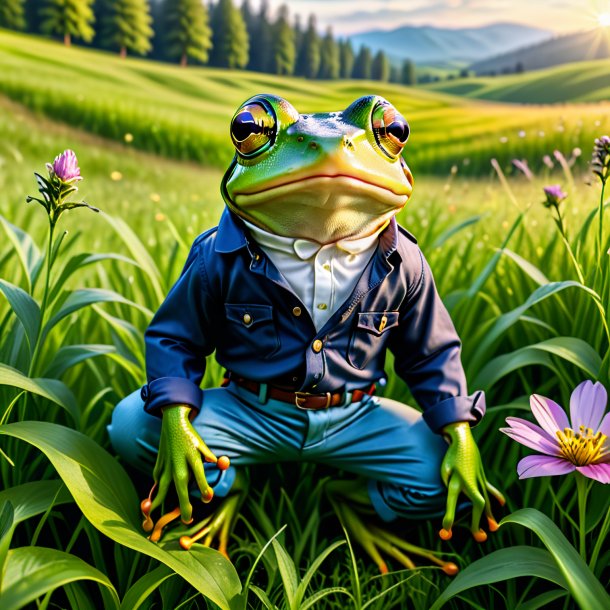 Photo of a frog in a trousers in the meadow