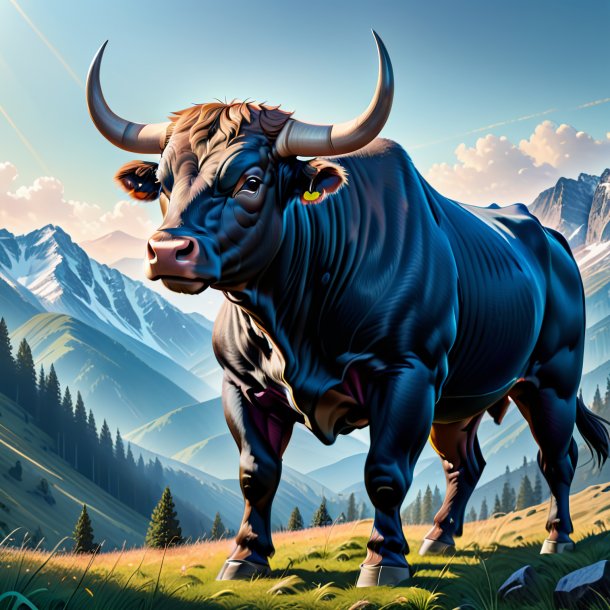 Drawing of a bull in a jeans in the mountains