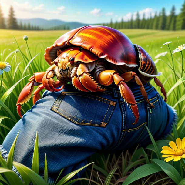 Dessin d'un crabe ermite dans un jean dans la prairie