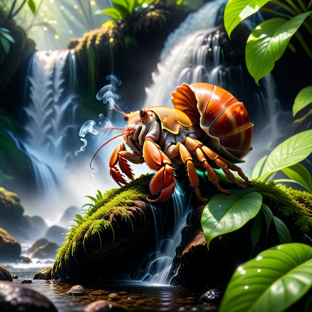 Pic of a smoking of a hermit crab in the waterfall