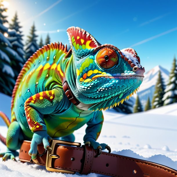 Picture of a chameleon in a belt in the snow