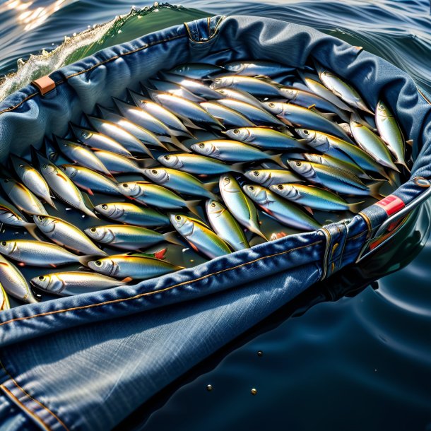 Imagem de uma sardinha em um jeans na água