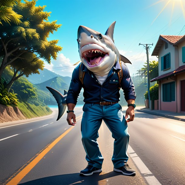 Drawing of a shark in a trousers on the road