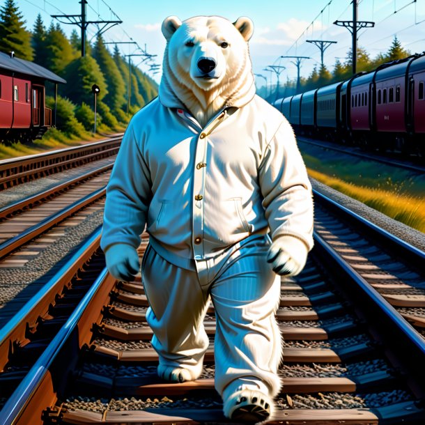 Drawing of a polar bear in a trousers on the railway tracks