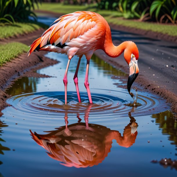 Pic of a swimming of a flamingo in the puddle