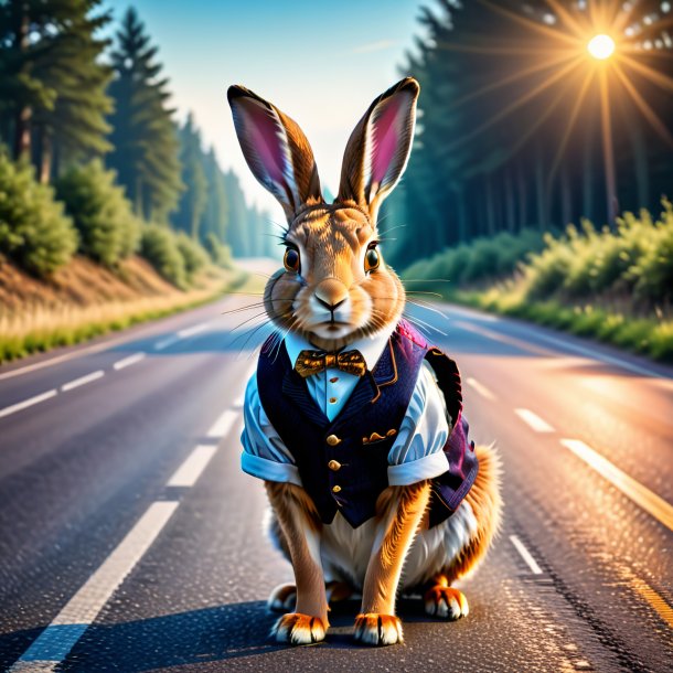 Image of a hare in a vest on the road