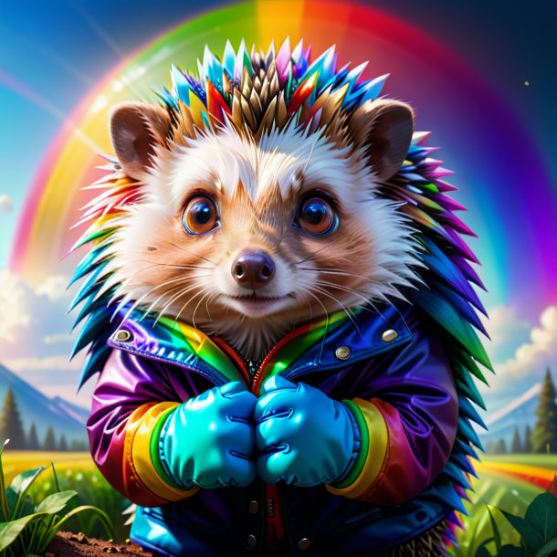 Illustration of a hedgehog in a gloves on the rainbow