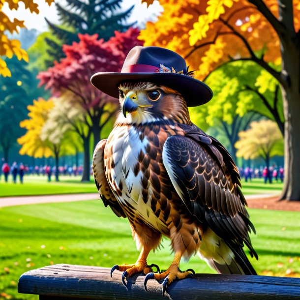 Foto de um falcão em um chapéu no parque