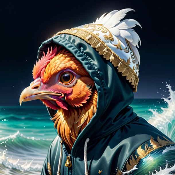 Dibujo de una gallina en una sudadera con capucha en el mar