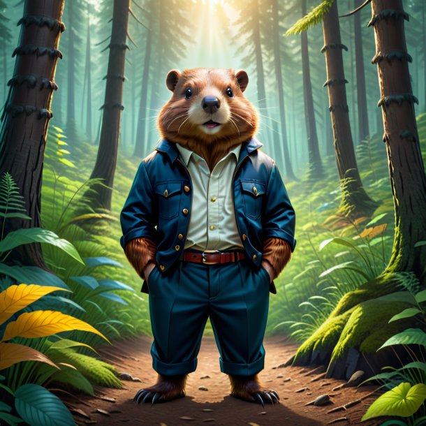 Illustration of a beaver in a trousers in the forest