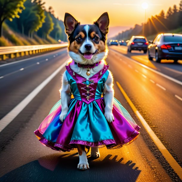 Foto de um cão em um vestido na estrada