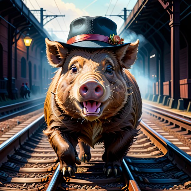 Drawing of a boar in a hat on the railway tracks