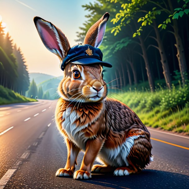 Drawing of a hare in a cap on the road