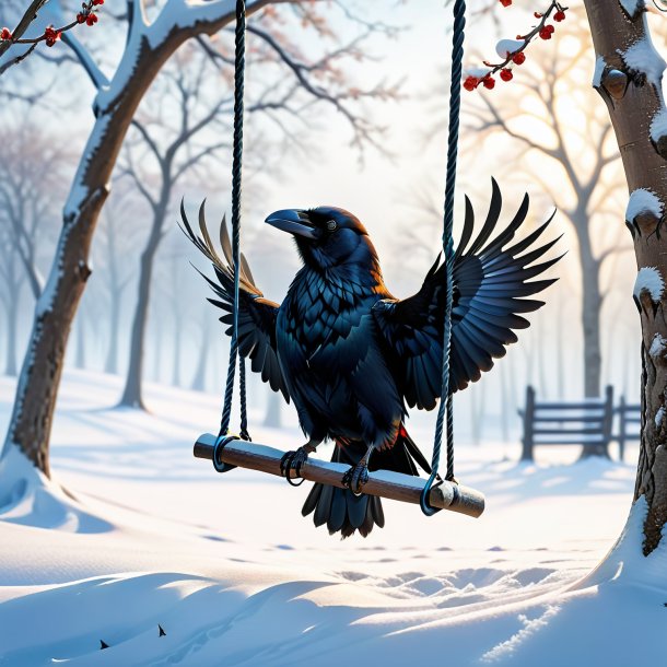 Image of a swinging on a swing of a crow in the snow