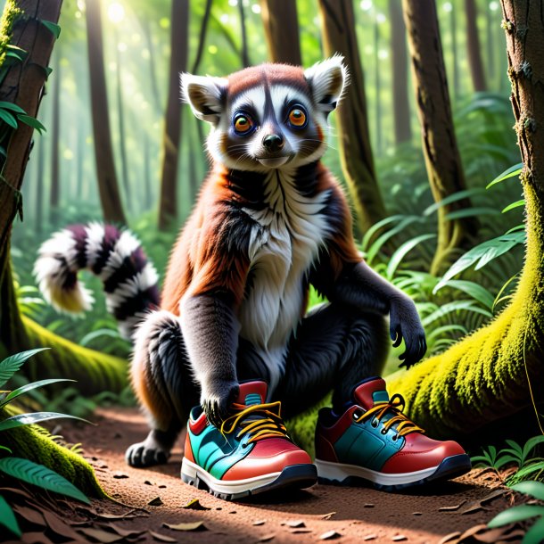 Image of a lemur in a shoes in the forest