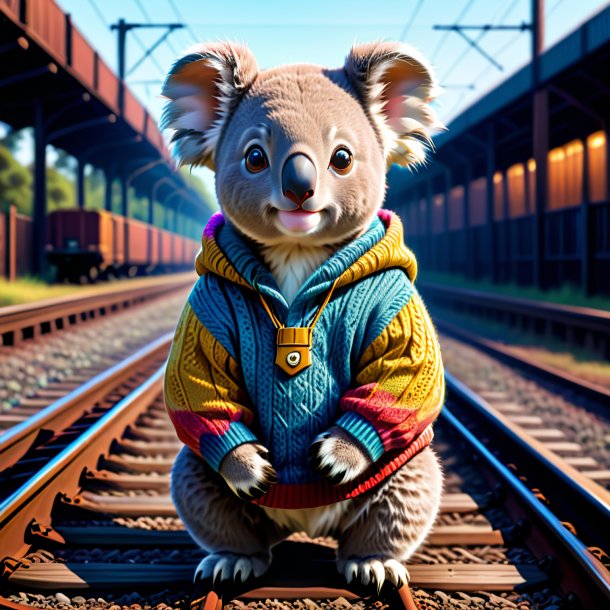 Ilustración de un koala en un suéter en las vías del ferrocarril