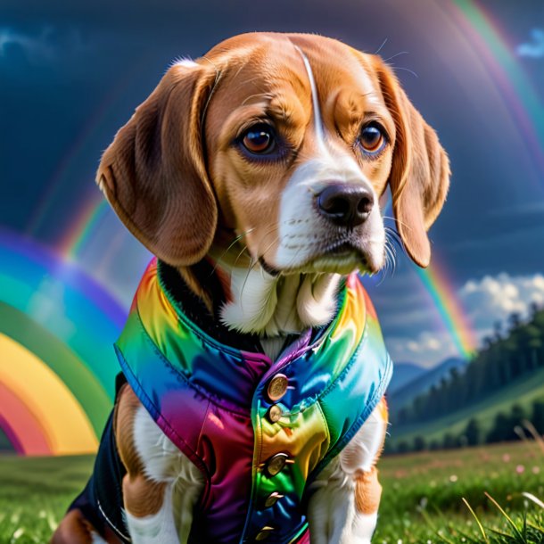 Photo of a beagle in a vest on the rainbow