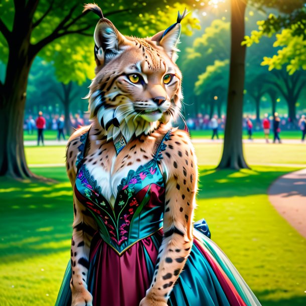 Drawing of a lynx in a dress in the park