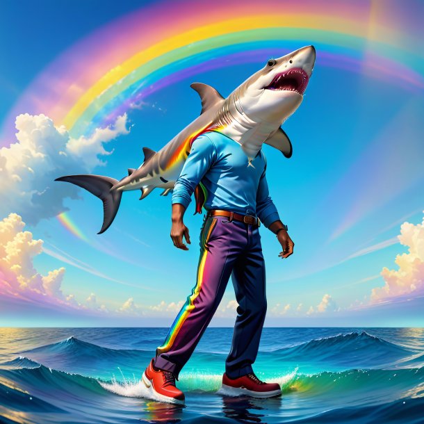 Illustration of a hammerhead shark in a trousers on the rainbow