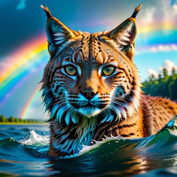 Photo of a swimming of a lynx on the rainbow