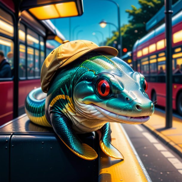 Drawing of a eel in a cap on the bus stop