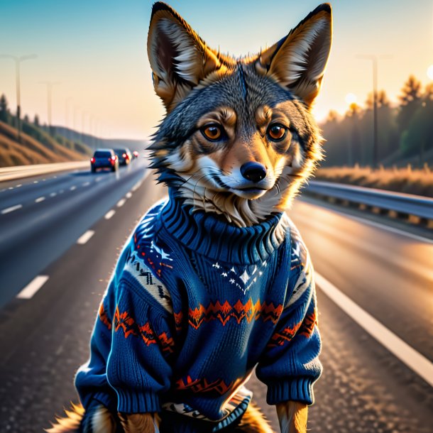 Image of a jackal in a sweater on the highway