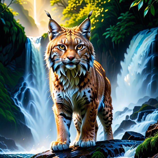 Image of a threatening of a lynx in the waterfall