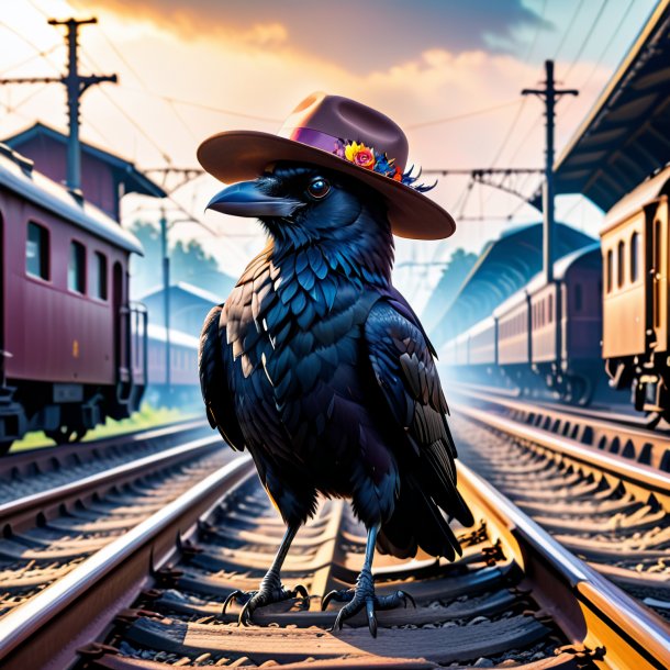 Picture of a crow in a hat on the railway tracks