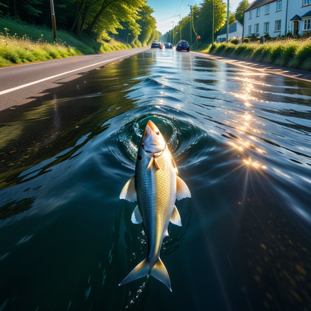 Uma foto de uma natação de um haddock na estrada