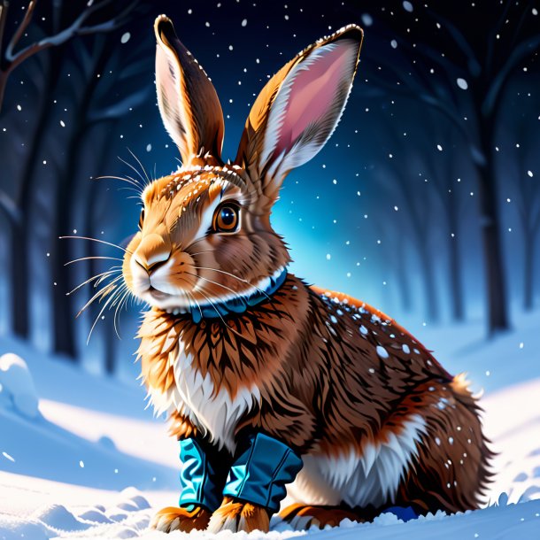 Illustration of a hare in a gloves in the snow