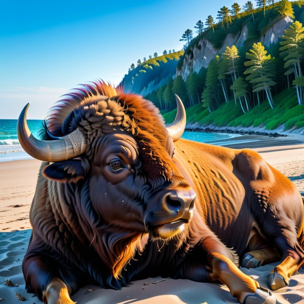 Image of a resting of a bison on the beach