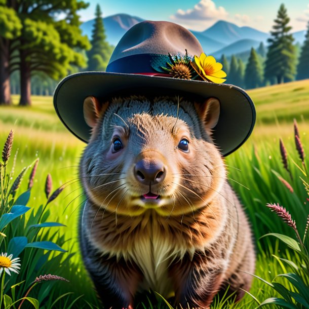 Pic of a wombat in a hat in the meadow