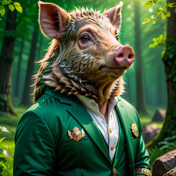 Picture of a boar in a green jacket