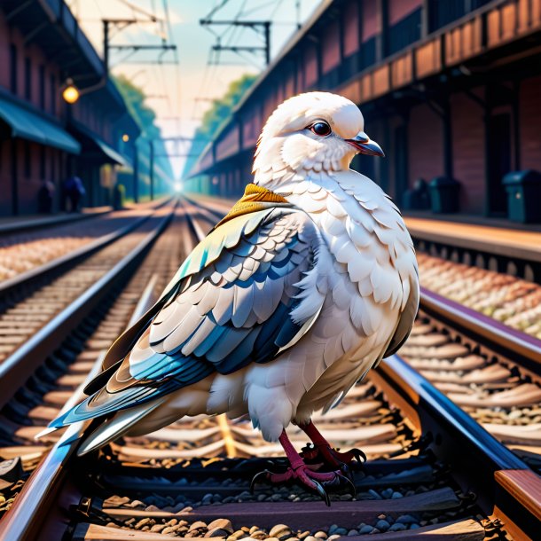 Illustration of a dove in a jacket on the railway tracks