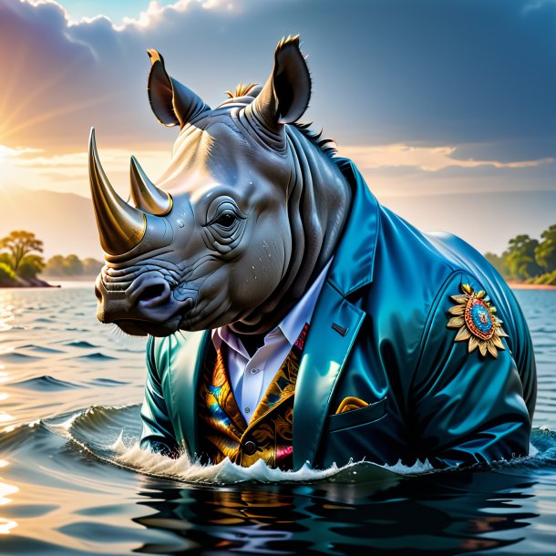 Picture of a rhinoceros in a jacket in the water