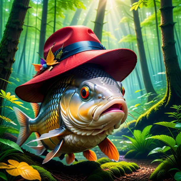 Photo of a carp in a hat in the forest