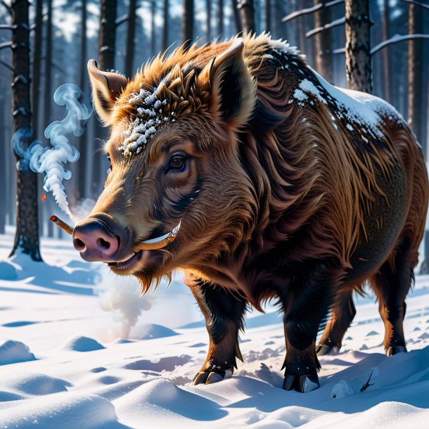 Photo of a smoking of a boar in the snow