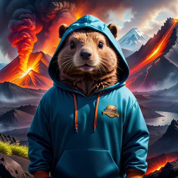 Foto de um castor em um hoodie no vulcão