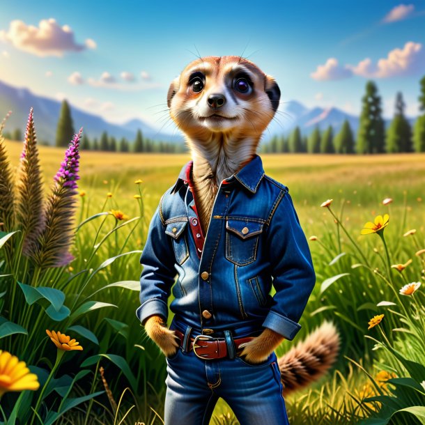 Picture of a meerkat in a jeans in the meadow