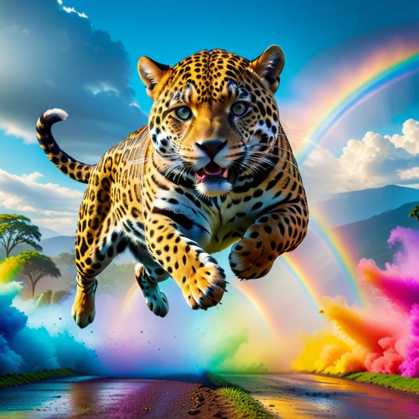 Photo of a jumping of a jaguar on the rainbow