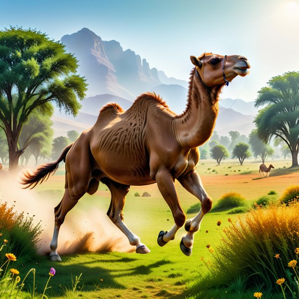 Pic of a jumping of a camel in the meadow