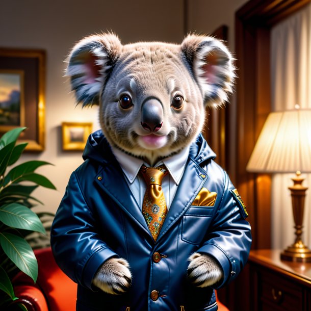 Photo of a koala in a jacket in the house