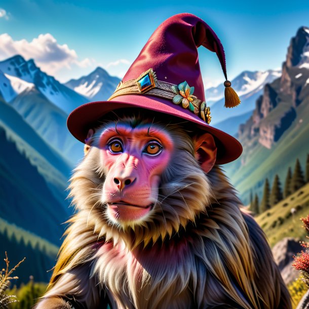 Pic of a baboon in a hat in the mountains