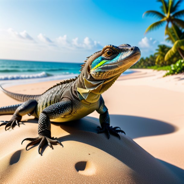 Foto de un lagarto monitor en un cinturón en la playa