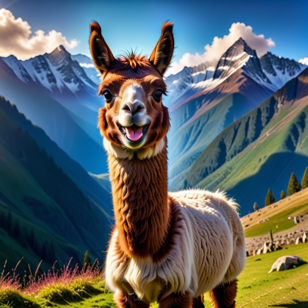 Photo of a smiling of a llama in the mountains