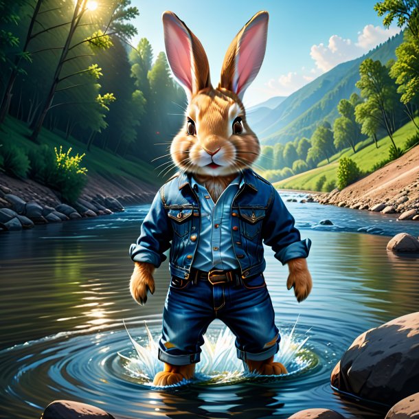 Illustration of a rabbit in a jeans in the river