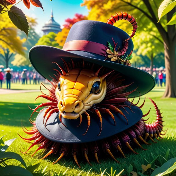 Image of a centipede in a hat in the park