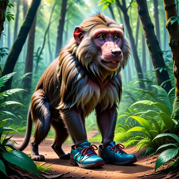 Photo of a baboon in a shoes in the forest